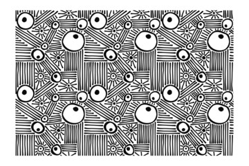 Horizontal seamless pattern consisting of lines of dots and circles of arbitrary shape and location. Repeating texture.