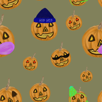 Halloween pumpkins seamless pattern. Cute cool jack-o-lanterns in accessories, hats, caps, sunglasses, bubble gum, in love. Print, packaging, stationery, textile, kids, stickers design