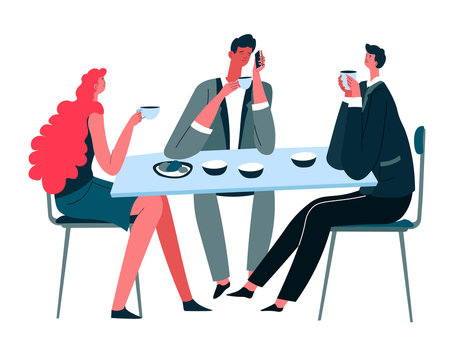 People eating and drinking tea, colleagues at restaurant