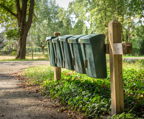 A row of green mailboxes on a fence in the woods.