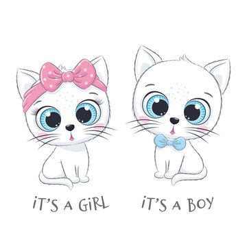 Cute baby cat with phrase "It's a boy" and "It's a girl"