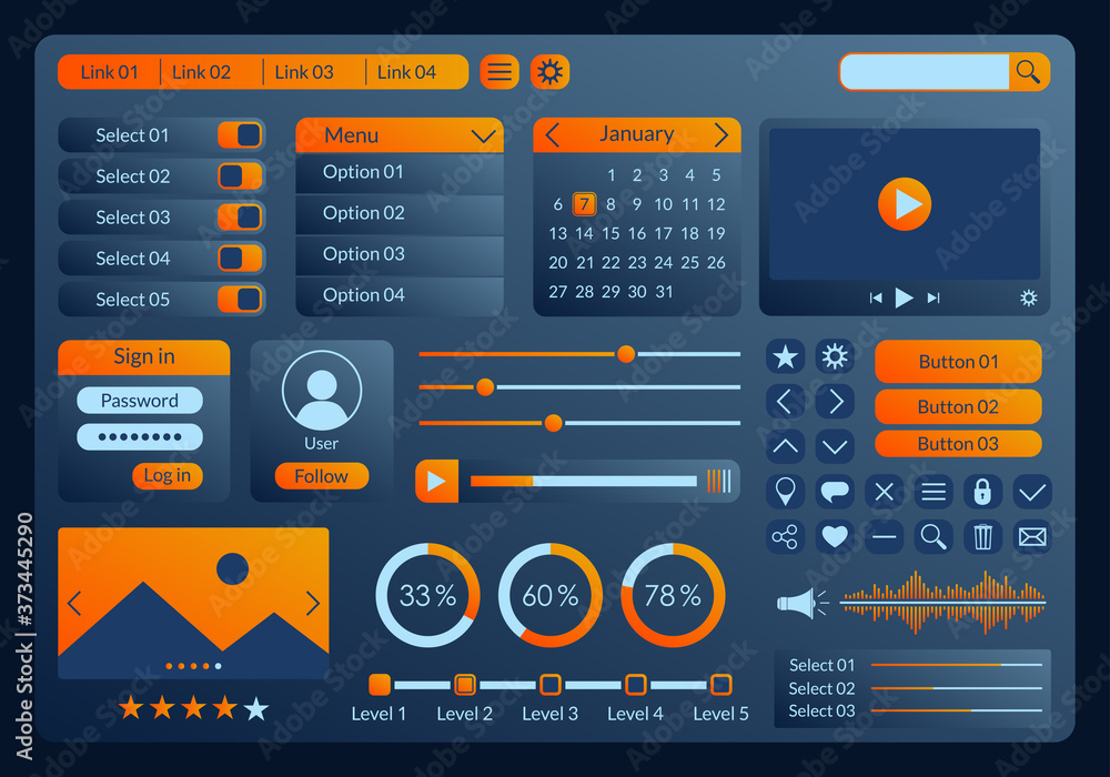 Poster ui kit design for app, web and mobile. website interface template with buttons, icons, menu forms. v
