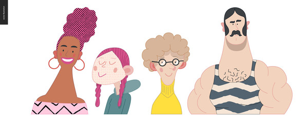 Bright characters portraits set - hand drawn flat style vector design concept illustration of diverse, male and female faces avatars. Flat style vector round icons set