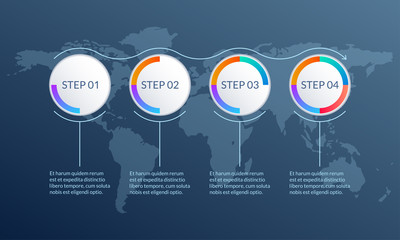 4 steps infographic template with progress diagram. Timeline info graphic design with four circles, arrow and space for text. Workflow layout and business presentation concept. Vector illustration.