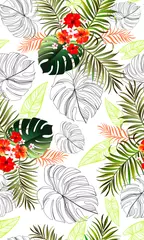 Foto auf Glas Tropical leaves  and flowes vector pattern. summer botanical illustration for clothes, cover, print, illustration design.  © Logunova  Elena