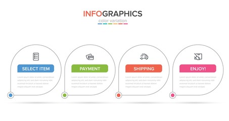 Concept of shopping process with 4 successive steps. Four colorful graphic elements. Timeline design for brochure, presentation, web site. Infographic design layout.