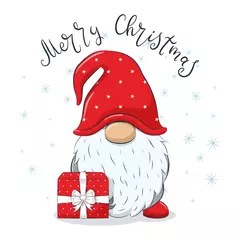 Wallpaper murals Christmas motifs Cute cheerful gnome with phrase "Merry Christmas".
