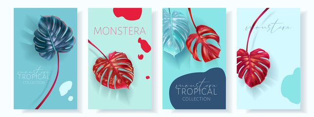 Vector tropical banner set with color monstera leaves on pastel background. Luxury exotic botanical design for cosmetics, wedding invitation, summer banner, perfume, beauty, travel, packaging design © purplebird