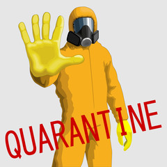 Warning sign of quarantine. Human in protective clothing with a hand up. Stay at home.Stay at home to reduce risk of infection and spreading the virus. Quarantine motivational poster.