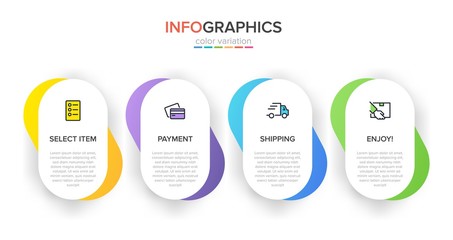 Concept of shopping process with 4 successive steps. Four colorful graphic elements. Timeline design for brochure, presentation, web site. Infographic design layout.