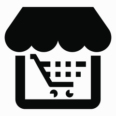 Shop and basket icon. E-commerce. Online store. Selling goods on the Internet. Vector icon.