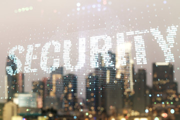 Virtual cyber security creative concept on blurry skyline background. Double exposure