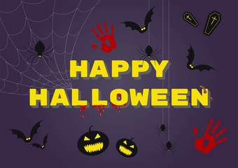 Happy Halloween illustration with isolated objects: blood, bats, spider nets, pumpkins, worm, hand prints, coffins, fashionable lettering. Publication for social media networks, prints