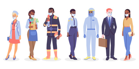 Multiethnic group of workers wearing medical mask. Colorful flat design vector illustration. People of different professions in protective medical face mask