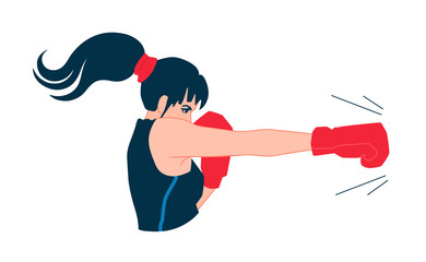 A strong young adult woman boxer throws a jab punch. A pretty box fighter girl with a ponytail hairstyle boxing. A boxer attack side view. 