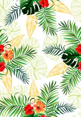 Tuinposter Tropical leaves  and flowes vector pattern. summer botanical illustration for clothes, cover, print, illustration design.  © Logunova  Elena