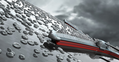 car wipers with red silicone coating sweep water from the car windshield 3d render against a cloudy sky - 373446829