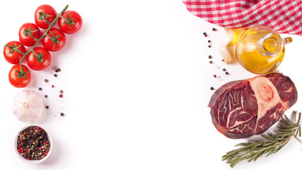 raw beef steak with bone and ingredients for cooking isolated on white.
