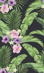 Tropical leaves  and flowes vector pattern. summer botanical illustration for clothes, cover, print, illustration design. 