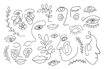 Hand drawing abstract female portrait line art isolated on white background. Modern vector illustration. Eyes, lips and floral set outline art.