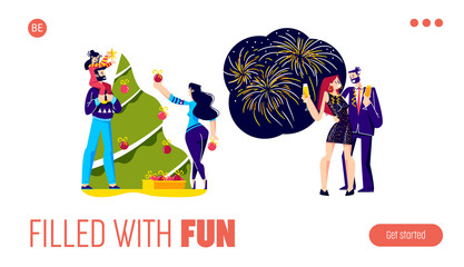Christmas and new year landing page with people celebrate, drink champagne and decorate xmas tree