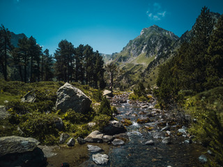 Water Stream in the French Pyrenees with the Mountain Peak Roc Blanc in the Background, Ariege