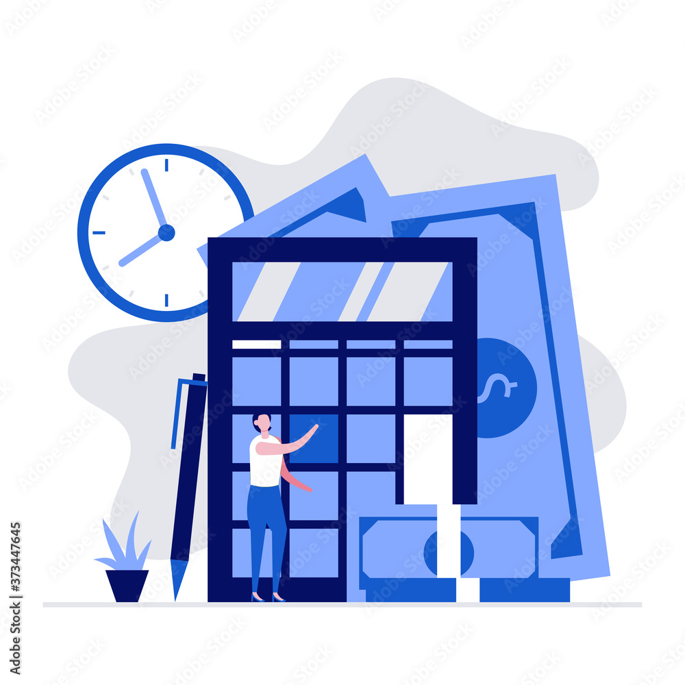 Poster business counting and financial calculation concept with characters and a big calculator. accountant