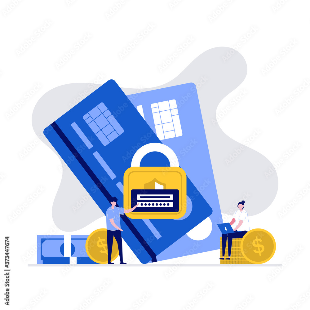 Poster secure payment, money protection and financial security concepts with characters. secure credit card