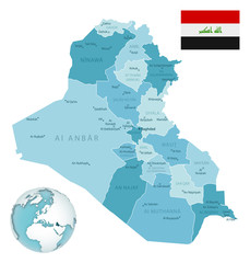 Iraq administrative blue-green map with country flag and location on a globe.