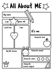 All about me printable sheet. Writing prompt for kids blank. Educational children page.