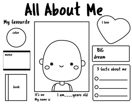 All about me printable back to school. Writing prompt for kids blank. Educational children page.