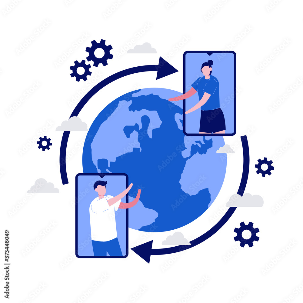 Poster cloud storage, data transfers on internet from gadget to gadget with character. modern vector illust