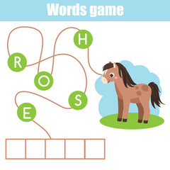 Educational game for children. Farm Animals theme word puzzle. Horse