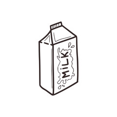 Linear sketch of paper milk carton in doodle style. Natural farm product. Cooking concept. Isolated on white background, stock vector illustration.
