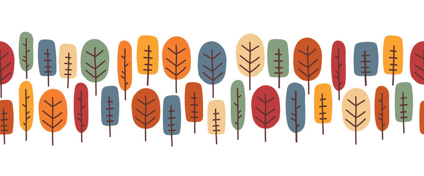 Autumn trees seamless vector border. Repeating abstract trees horizontal nature pattern various colorful forest trees. For banner, ribbon, footer, letterhead, card decor, Thanksgiving