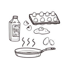 Linear sketch of cooking scrambled eggs in doodle style. Frying pan, olive oil, egg packaging. Cooking concept. Isolated on white background, stock vector illustration.