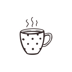 Linear sketch of a cup of hot tea or coffee or cocoa. Doodle style. Hot drink. Cooking concept. Isolated on white background, stock vector illustration.