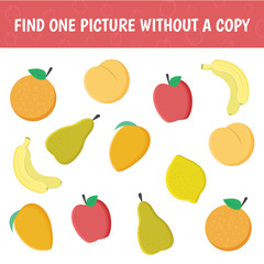 Find a fruit without a pair. A game for children on mindfulness. Vector illustration.