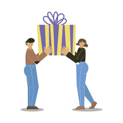 Happy man and woman with gift box. Man and woman holding a big present in arms together. Vector illustration.