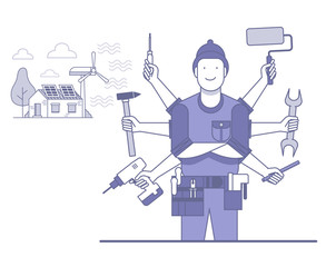 Handyman with many tools and ECO background house with solar panels and wind turbine. Document ready to animate. Flat vector design