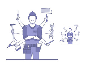 Handyman with many tools. Document ready to animate. Flat vector design