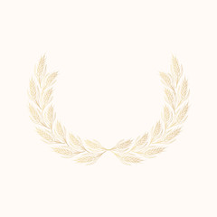 Golden laurel wreath with barley, malt, rye, wheat ears for label design. Vintage gold beer frame. Vector isolated illustration.