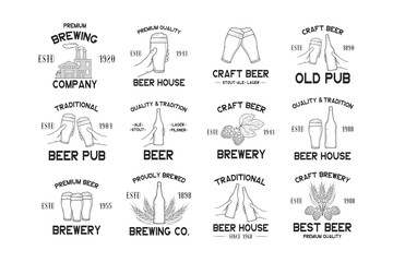 Big set of craft beer labels, emblems and badges for  brewery, beer house, company, pub. Vector illustration with vintage brand design.