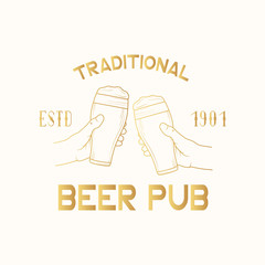 Beer pub golden label, badge. Bar emblem with hands clinking with glasses with foam. Vector illustration with gold vintage brand design.