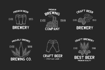 Set of brewery labels and signs. Emblems and badges for pub, bar, restaurant menu with hop, malt, barley, beer factory, bottle and glasses with foam. Vector illustration with vintage brand design.