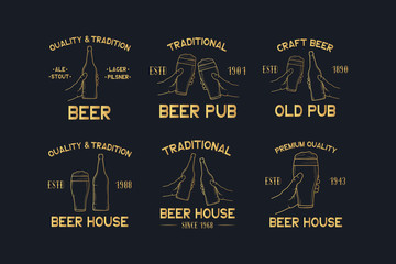 Set of beer house and pub golden labels for  menu or branding. Vector illustration with gold vintage emblems and badges for brewery.