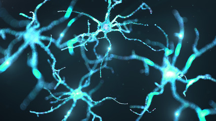Abstract neural cells with luminous dots. Synapses and neuronal cells send electrical chemical signals. Neuron of interconnected neurons with electrical impulses. Transmit information, 3d illustration