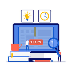 Online education, distance course, e-learning and digital cloud library concept with characters. Modern vector illustration in flat style for landing page, mobile app, web banner, hero images