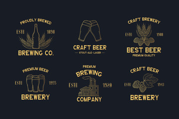 Set of golden brewery labels and signs. Emblems and badges for pub or bar menu with hop, malt, barley, beer factory, bottle and glasses with foam. Vector illustration with gold vintage brand design.