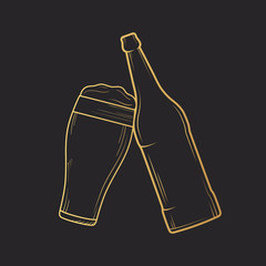 Clinking golden bottle and glass of beer with foam. Vector isolated illustration. Icon for night bar background. Gold label with cheers for brewery.